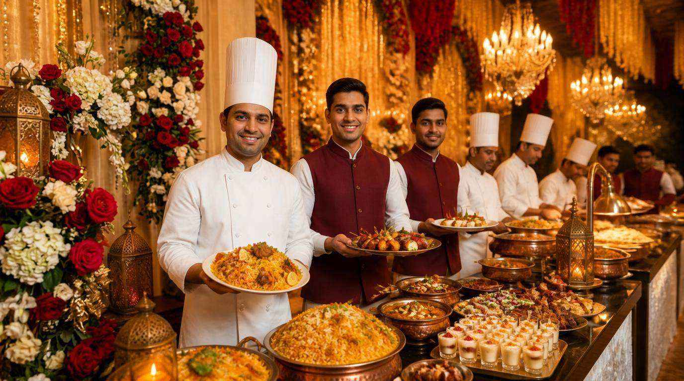 Munna Catering team serving a grand Bihar wedding buffet with chefs and festive decor