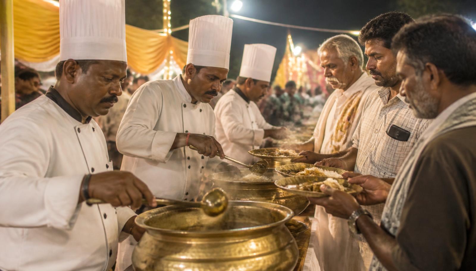 Catering team serving hot food to guests at a function