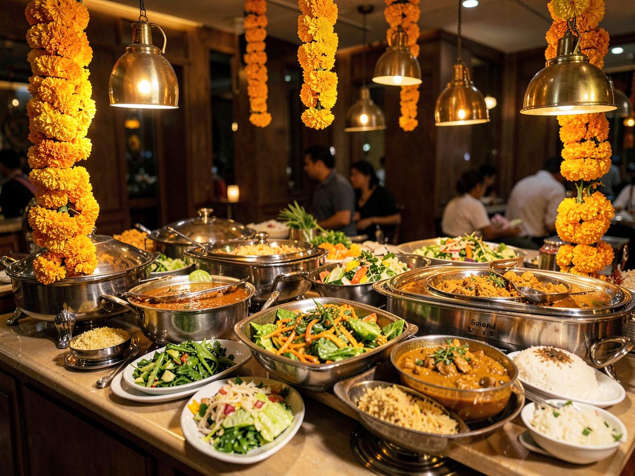 Catering buffet counter with curries, rice and salads