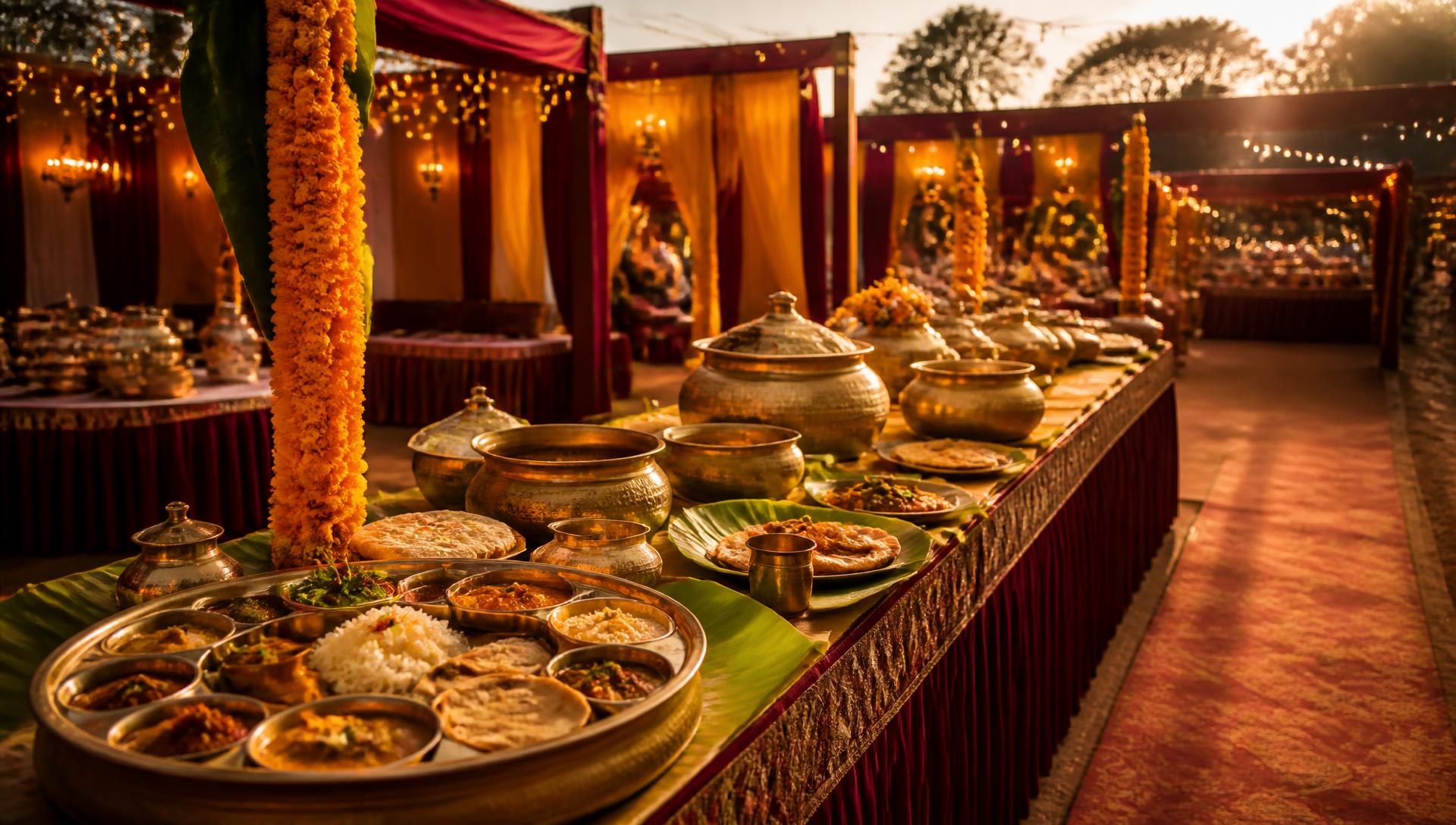 Bihar wedding catering setup with brass utensils, traditional thali and festive decorations